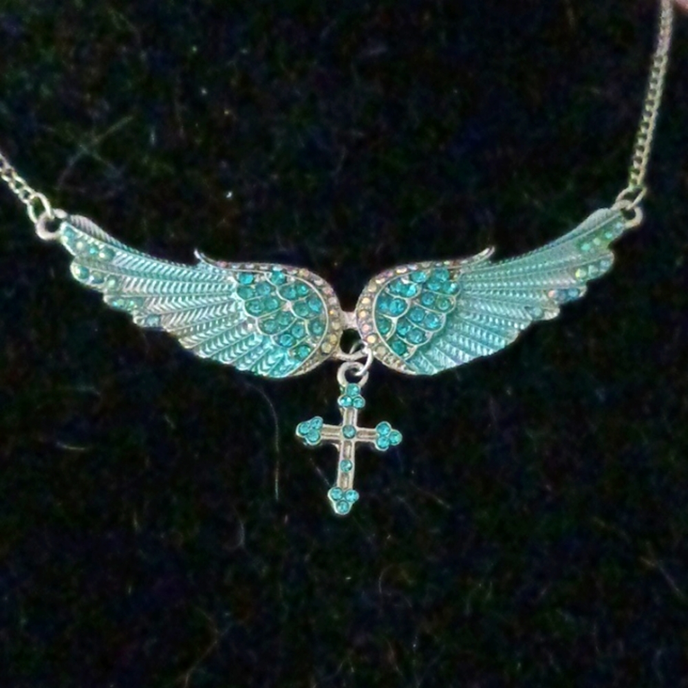 Reversible Wings with Cross Blue Crystal Necklace